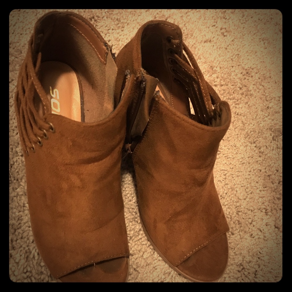 Brown soda peep toe booties